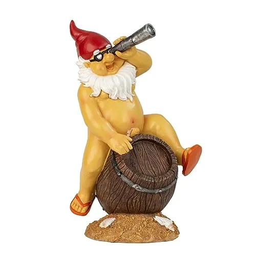 Geschenkestadl Nackter Zwerg mit Fernrohr auf Fass Gartenzwerg 31 cm FKK Urlaub