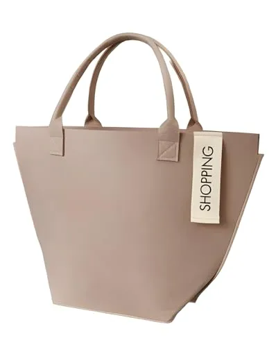 Filz Einkaufs Tasche Shopper Beige - Große Damen Shopping Bag - Damentaschen: Stylische große Filz Tragetasche in Beige, ideal für den Alltag und Freizeit, mit praktischem Doppelgriff und eleganten Verzierungen.