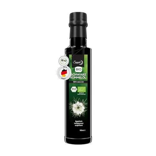 Sunnah Shop® Bio Schwarzkümmelöl ungefiltert kaltgepresst 100ml - Black Seed Oil Organic aus ägyptischen Nigella Sativa - 100% rein Schwarzkümmelöl Bio Kaltgepresst - lichtgeschützt in Glasflasche