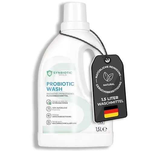 SYNBIOTIC SHIELD - Probiotisches flüssig Waschmittel 1,5L gegen Schmutz, Flecken, Gerüche - Natürliches Flüssigwaschmittel effektiv gegen Schweiß - Biologisch abbaubare Formel für Weiß- & Buntwäsche