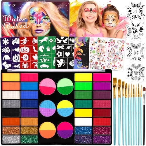 MKAKYES Kinderschminke Set, 44 Gesichtsfarben Kinderschminken Set, mit 36 Schablonen, 11 Pinsel, 2 Diamant-Sticker, Waschbar Face Paint Bodypaint Schminkset, für Halloween Karneval