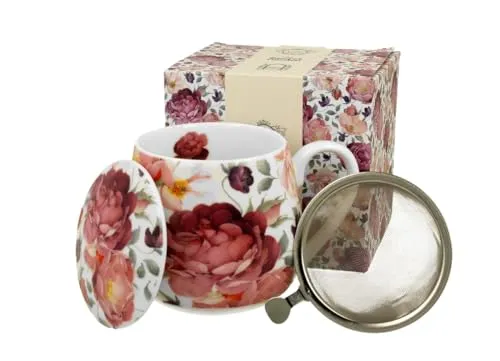 DUO FLORAL Fassbecher 430 ml SPRING ROSES WHITE mit Teesieb, New Bone China Porzellan