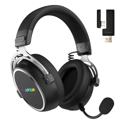 HATOR Hypergang 3 Wireless Gaming-Headset – Hi-Res Audio, Hybrid ANC, 45h Akku, Spatial Audio, Bluetooth & 2.4GHz, abnehmbares Mikrofon, RGB, Head Tracking, SyncHUB App – Schwarz