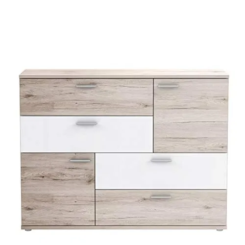 FORTE Skive Kommode mit 2 Türen und 4 Schubladen - Moderne Kommode aus Holzwerkstoff in Sandeiche/Weiß, bietet reichlich Stauraum und einfache Montage. Ideal für jedes Wohnzimmer oder Schlafzimmer.
