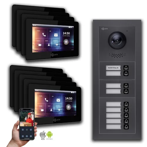 Goliath IP Video Türsprechanlage 7 Zoll Schwarz Unterputz - Moderne IP-Türsprechanlage mit 7 Zoll Touchscreen, HD-Kamera und Interkom-Funktion für sichere Kommunikation. Bis zu 24 Kameras anschließbar, ideal für Mehrfamilienhäuser.
