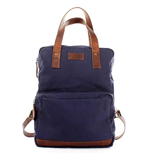 LECONI Rucksack retro Lederrucksack Freizeitrucksack Vintage-Look Wanderrucksack backpack modern für Damen & Herren Canvas Leder 28x37x13cm LE1019-C, Navy / Braun, L