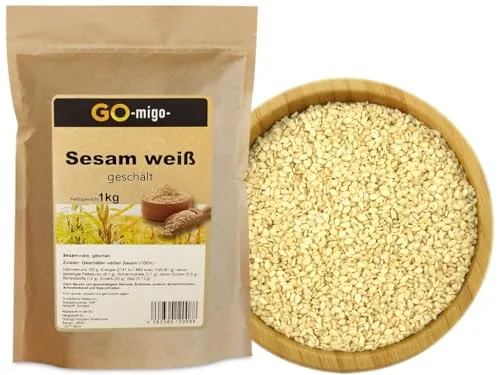 1kg GOmigo Sesam weiß, geschält - Feinste Qualität - Nüsse & Nussmischungen, 1kg Sesam weiß, geschält - Knusprig und aromatisch, ideal als gesunder Snack oder Zutat für diverse Gerichte.