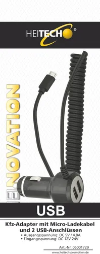 Heitech KFZ-ADAPTER MIT MICRO-LADEKABEL UND 2 USB-ANSCHLÜSSEN