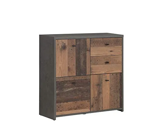 FORTE Best Chest Kommode mit 3 Türen und 2 Schubladen - Stylische Kommode im Vintage/Industrial Look, mit langlebigen Metalllaufleisten und pflegeleichter Oberfläche. Ideal für jeden Wohnraum!