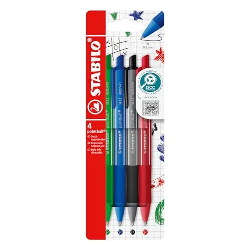 STABILO - Druck-Kugelschreiber - pointball colorful - 4er Pack - ultramarinblau, dunkelgrau, rostrot, minzgrün