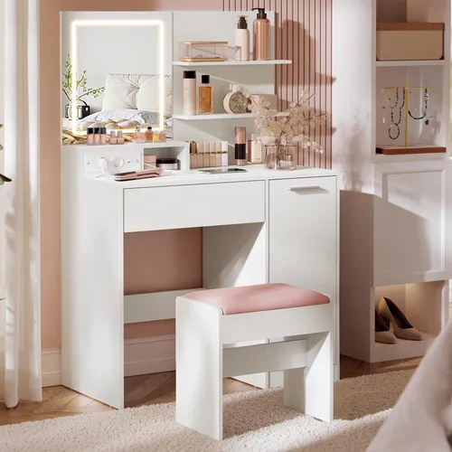 VASAGLE Schminktisch mit LED-Spiegel - Schminktisch mit Schublade und offenen Ablagen, ausgestattet mit einem LED-Spiegel und Steckdosenleiste für eine praktische Nutzung im Alltag.