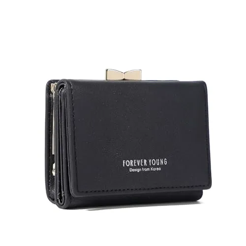 Skyearman Damen Geldbörse, PU-Leder, Schwarz, Modern, 11 x 3 x 8 cm, Klein, Kompakt, Münzfach mit Knopfverschluss, 9 Fächer, Reißverschluss