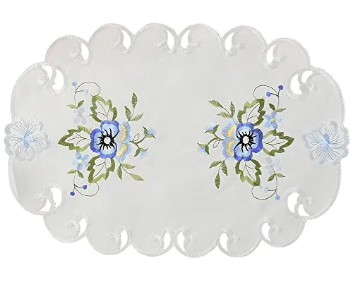 matches21 HOME & HOBBY Tischdeckchen Elke 30 x 45 cm oval edle Stickerei mit blauen Stiefmütterchen & Cutwork Polyester