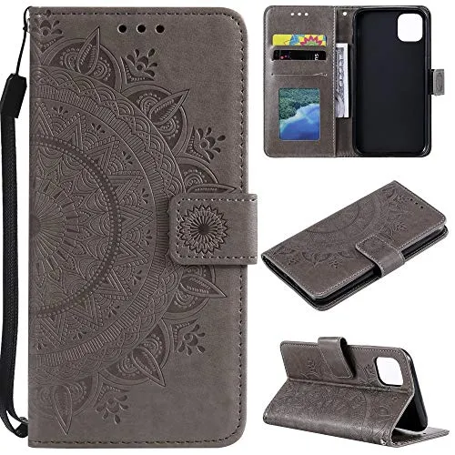 CoverKingz Handytasche kompatibel mit iPhone 13 Pro - Handy Case mit Kartenfach Handyhülle - Flipcase klappbar Motiv Mandala Grau