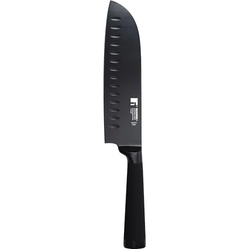 Bergner Black Blade | Messer Santoku | Edelstahlklinge 17,5 cm | Ergonomischer, Ausgehöhlter Griff | Küchenutensilien | Antihaftbeschichtung | Leichte Reinigung