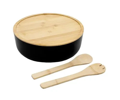 XXL Salatschüssel inklusive Bambus Besteck 30 cm - schwarz - Kunststoff Schale groß mit Holz Deckel - Rührschüssel Servierschüssel Schüssel mit Servierbesteck für Obst Salate Desserts lebensmittelecht