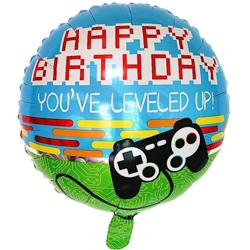 DIWULI, Gamer Happy Birthday Luftballon, Gaming Folien-Ballon, Geburtstagsballon, Gamepad Folienluftballon, Gamer-Ballon Geburtstag, LAN-Party, Junge Kindergeburtstag, Dekoration, you've leveled up!