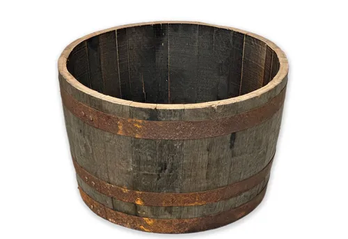 Temesso Pflanzkübel 65cm - Halbes schottisches Whiskyfass aus Eichenholz - Eichenholz Pflanzkübel mit 90 Liter Inhalt, frostsicher und langlebig. Ideal für kreative Gartengestaltung und sofort einsatzbereit als Teich. Inklusive kostenloser Ablaufbohrungen.