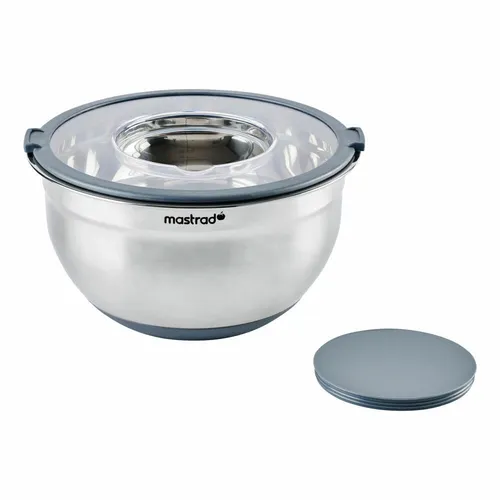 Mastrad Stahl-Rührschüssel 3L mit Deckel und Griffen - Rührschüsseln: Vielseitige 3L Stahl-Rührschüssel mit durchsichtigem Deckel, ideal zum Mischen, Lagern und Servieren – spülmaschinengeeignet und mit rutschfester Silikonbasis für optimale Stabilität.