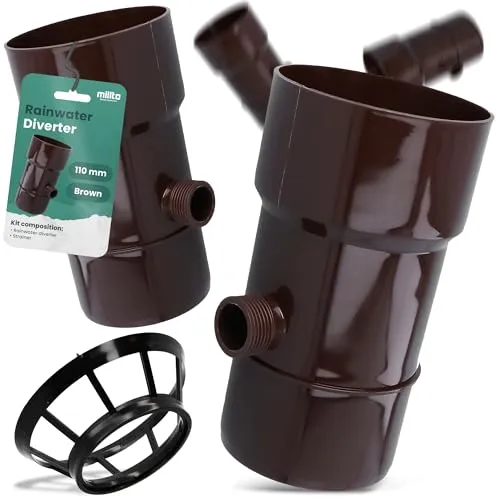 Millto™ Regensammler Dachrinnenablauf für Regentonne DN Ø110 mm 1'' AG Braun | Wasserfänger Wassersammler Regenwasser Fallrohr Regenwassersammler Fallrohrfilter Gartenschlauch Anschluss