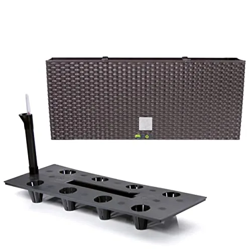 Pflanzkübel rechteckig Blumentopf Pflanzkasten 60 cm 30 L Umbra dunkel Braun Blumenbank in Rattan-Optik Rato Serie mit Bewässerungssystem