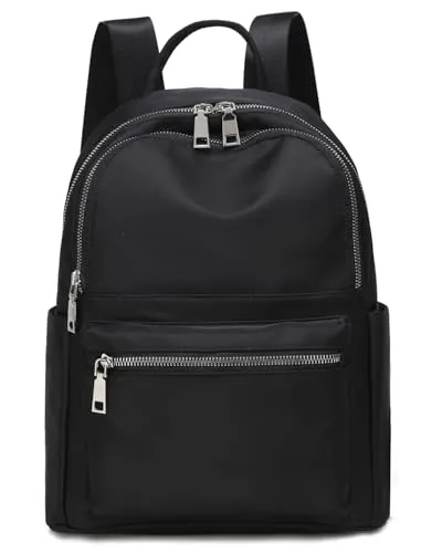 Rucksack für Damen, Nylon, leicht, Reisen, lässig, Tagesrucksack, silberfarbene Reißverschlüsse, Schwarz