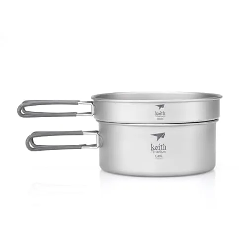 Keith Titanium Titan Topf- und Pfannenset 2-teilig Large - Leichtes Titan-Geschirrset für Outdoor-Kochen, vielseitig einsetzbar als Topf oder Pfanne, mit klappbaren, hitzebeständigen Griffen und geschmacksneutralem Material.
