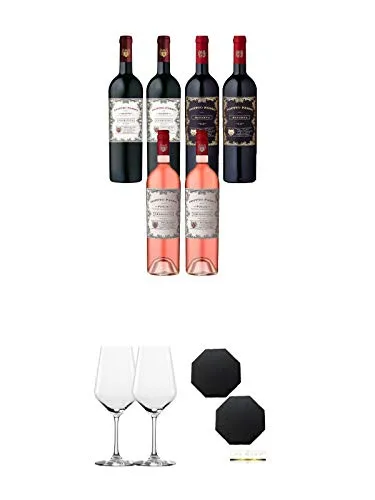 Doppio 6er Probierpaket 2 x Primitivo Salento 2 x Riserva 2 x Rosato + Rotweinglas Stölzle - 3770001 2 Stück + Schiefer Glasuntersetzer achteckig 2 x ca. 9,5 cm Durchmesser