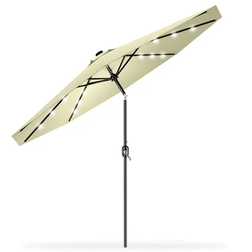 HENGMEI 300cm ALU Sonnenschirm Gartenschirm Terrassenschirm Marktschirm Ampelschirm Strandschirm Kurbelschirm mit UV Schutz 40+, mit Solar LED für Balkon, Garten, Terrasse (300cm, Beige)