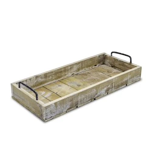 Holz Deko Tablett Used Look mit Griffen aus Metall - 45 x 20 cm - Servier und Kerzen Brett rechteckig - Kerzentablett Servierschale Tisch Deko Servier Kerzen Naturbrett Weihnachten