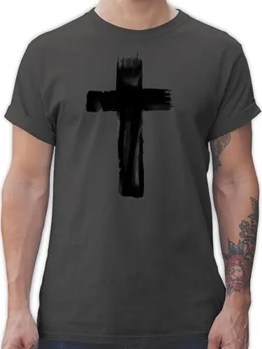 T-Shirt Herren - Symbol und Zeichen Outfit - Kreuz Vintage - M - Dunkelgrau - Tshirt christlich christliche t-Shirts mit christlicher christliches Shirt einem christlichen Motiven für männer