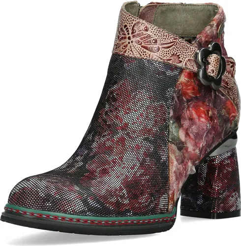 Laura Vita Damen Stiefelette Kinoao 11 - Rot, Größe 40 - Elegante Stiefelette mit floralem Muster und blütenförmiger Schnalle. Hochwertiges Leder und Textil, ideal für jeden Anlass. Perfekter Komfort dank Reißverschluss und stabilen Blockabsatz.