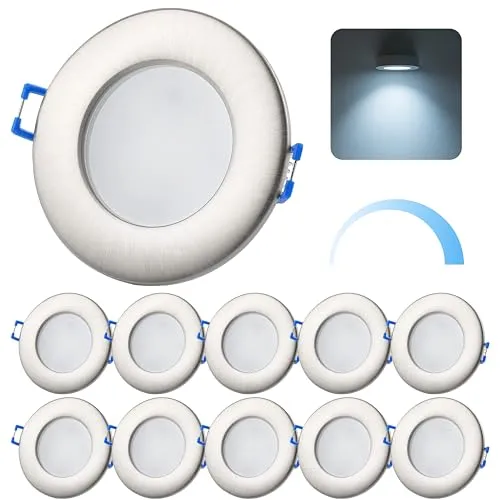 Sweet Led Einbaustrahler 230V IP44 Flach – 10er Set LED Einbauspots dimmbar 6,5W 650lm – Kaltweiß 6500K – Deckenleuchten für Bad, Feuchtraum, Küche – Chrom gebürstet