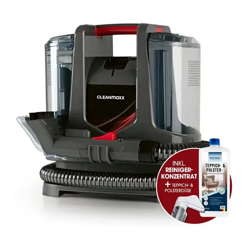 CLEANmaxx Teppichreinigungsgerät 400 W grau/rot - Effizientes Teppichreinigungsgerät mit 400 W Leistung. Kompakt und leicht, ideal für die gründliche Reinigung von Teppichen. Inklusive Düse mit Bürste und Teppichshampoo.