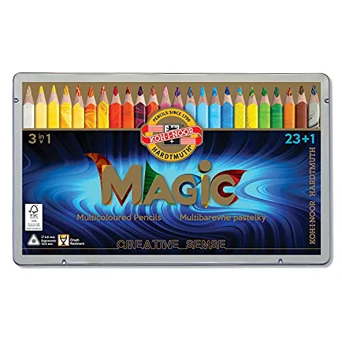 Koh-I-Noor Buntstifte Magic, 24 Stück im Metalletui - Schreibutensilien mit 23 mehrfarbigen Stiften und 1 Mischstift für kreative Farbverläufe. Hohe Farbbrillanz und lichtecht – ideal für Künstler und Hobbyisten.