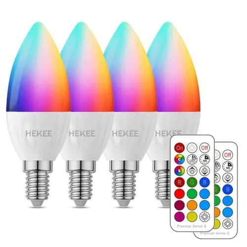 HEKEE E14 Led Lampe 5W (ersetzt 40W), Kerze Glühbirnenm, RGBW mit Fernbedienung Warmweiß 2700K Ambiente RGB Farbwechsel Farbige (4er-Pack)