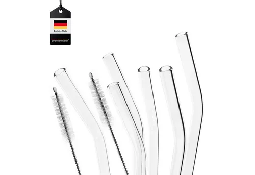 bremermann 6er Set Glas-Trinkhalme, Cocktail-Set, Verschiedene Längen, wiederverwendbar, transparent oder bunt, Gebogene Form, inklusive 2 Reinigungsbürsten (transparent, 20 cm)