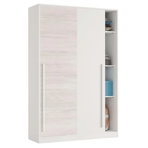 Habitdesign Kleiderschrank mit 2 Schiebetüren – Moderner Schwebetürenschrank in Weiß und Velho-Holzdekor - Geräumiger Schwebetürenschrank mit 2 Schiebetüren, ideal für Schlafzimmer und Ankleidezimmer. Bietet viel Stauraum mit höhenverstellbaren Regalen und stabiler Kleiderstange. Einfache Montage und Pflege – perfekt für den täglichen Einsatz.