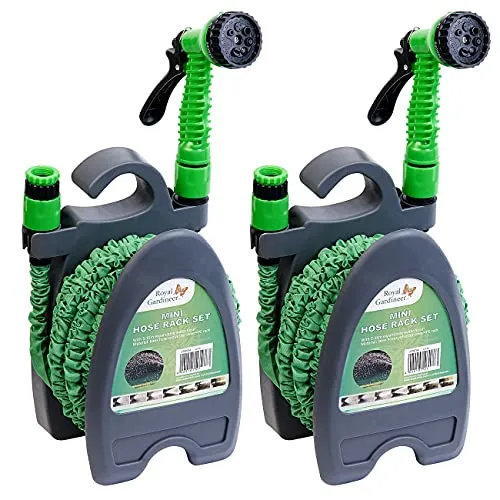 Royal Gardineer Flexibler Gartenschlauch: 2er-Set Dehnbare Gartenschläuche mit Brause und Wandhalter, 5-15 m (Leichter Schlauch, Schlauch Komplett-Sets, Pistole)