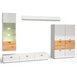 Feldmann-Wohnen Wohnwand Oviedo, Weiß Hochglanz, Braun, 4-teilig