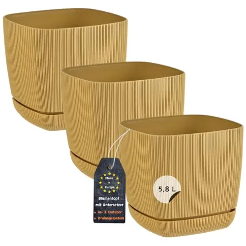 Engelland - 3 x Blumentopf mit Drainagesystem, Untersetzer, Farbe: Ocker-Gelb, Rillenoptik, Pflanz-Topf, Kübel, modern, Kunststoff, quadratisch, 21 x 21 cm, 5,8 Liter