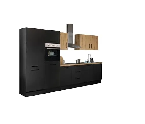 Stella Trading Turin ZB Küchenzeile 340 x 211 x 60 cm, schwarz - Moderne Küche mit Artisan-Eiche Optik - MODERNES DESIGN - Die Küchenzeile in mattem Schwarz mit Artisan-Eiche Optik bietet eleganten Stauraum und ist ideal für jedes Zuhause. Individuelle Gestaltung möglich, da keine Küchengeräte enthalten sind. Einfache Montage für jeden! Maße: 340 x 211 x 60 cm.