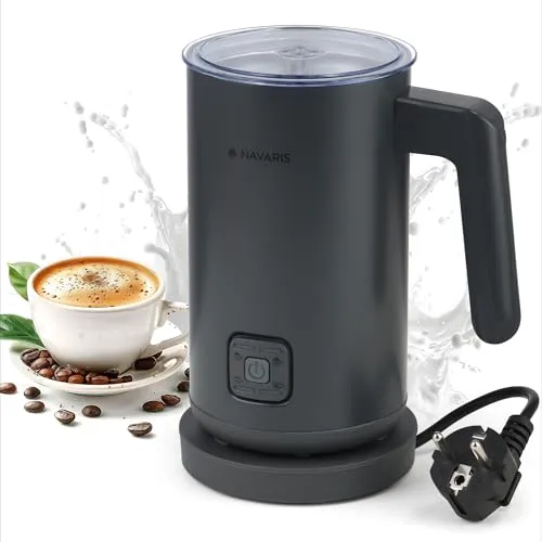 Navaris Elektrischer Milchaufschäumer 4 in 1 - Grau - Vielseitiger Milchaufschäumer mit 5 Modi, kabellosem Design und hochwertiger Antihaft-Beschichtung für einfache Reinigung. Ideal für perfekten Milchschaum und warme Milch.