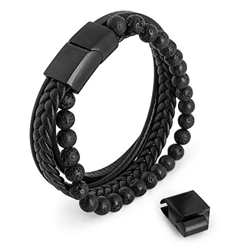 Akitsune Bellum Synthetisches Perlen Lederarmband mit Magnetverschluss - Hochwertiges geflochtenes Herrenarmband aus Kunstleder mit robustem Edelstahlverschluss. Ideal für jeden Anlass und perfekt als Geschenk – elegant verpackt in einer Schmuckschachtel.