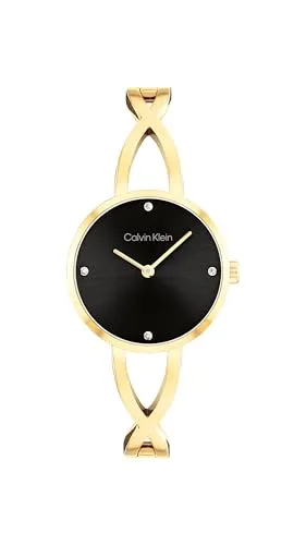 Calvin Klein Quarzuhr Sculpted Embrace 25100059 - Elegante Damenuhr mit goldfarbenem Edelstahlarmband und funkelnden Glassteinen, ideal für jeden Anlass und spritzwassergeschützt.