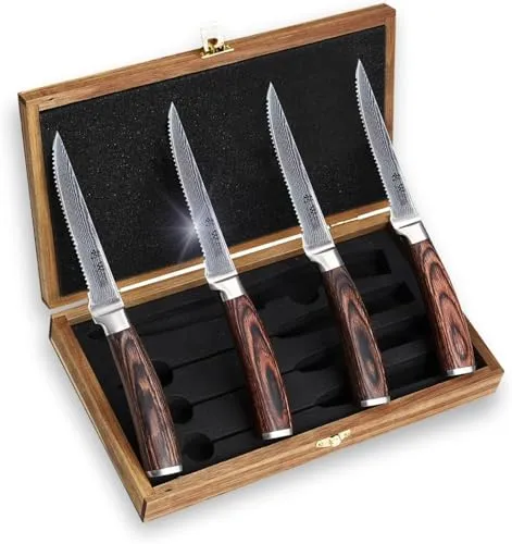 Wakoli EDIB 4er Damast Steakmesser-Set - Premium Steakmesser-Set mit 12,5 cm Klingen aus 67 Lagen Damaststahl, VG10-Kern und ergonomischen Pakkaholzgriffen – ideal für präzise Schnitte und perfekt verpackt in einer eleganten Geschenkbox.