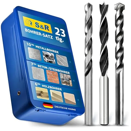 S&R Universal Drill Bohrer-Set 23-tlg. – Bohrbits für Holz, Stein & Metall – Holzspiralbohrer, Zentrierspitze, HSS M2-Stahl Metallbohrer & Betonbohrer, Karbidplatte, Größen 1,5-12mm