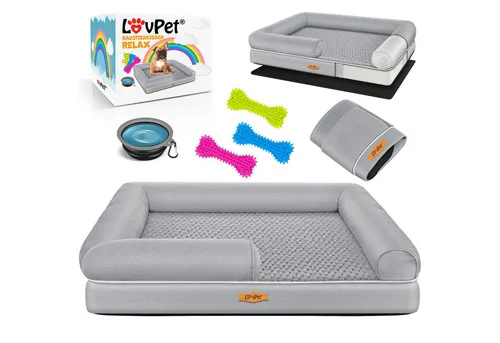 Lovpet® Orthopädisches Hundebett Relax mit Zubehör - Hundebett für optimalen Schlafkomfort, inkl. Napf und 3 Kauknochen. Der abnehmbare Bezug ist waschbar und pflegeleicht, ideal für kleine bis große Hunde.