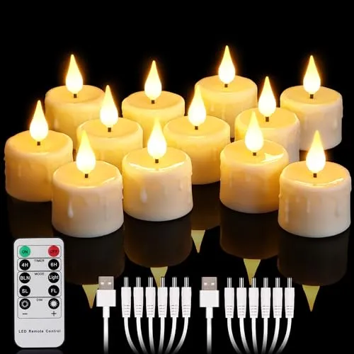 yunsheng 12 Stück Wiederaufladbare Teelichter mit Fernbedienung und 4/6H Timer, Aufladbar Flammenlose Flackernde LED Kerzen mit 2 Stück USB-Kabel, 3D-Silikon Docht, Warmweißes Licht für Hause Deko