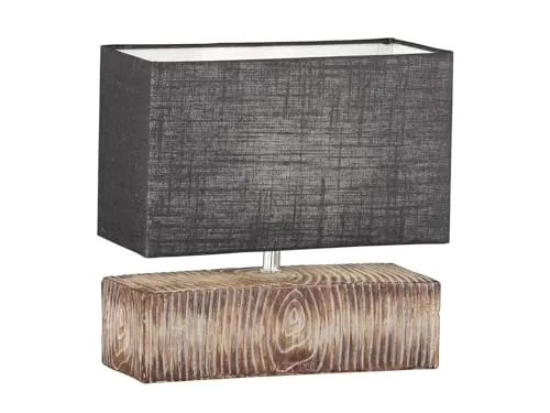 Tischlampe mit Keramikfuß in Holzoptik & grauem Leinenschirm, 30cm - Tischlampen: Stilvolle Lampe mit hochwertigem Keramikfuß und elegantem Leinenschirm, perfekt für gemütliche Beleuchtung in jedem Raum.